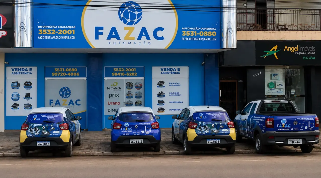 Fachada da loja FAZAC Automação em Sinop-MT com a frota de veículos de atendimento técnico estacionada em frente