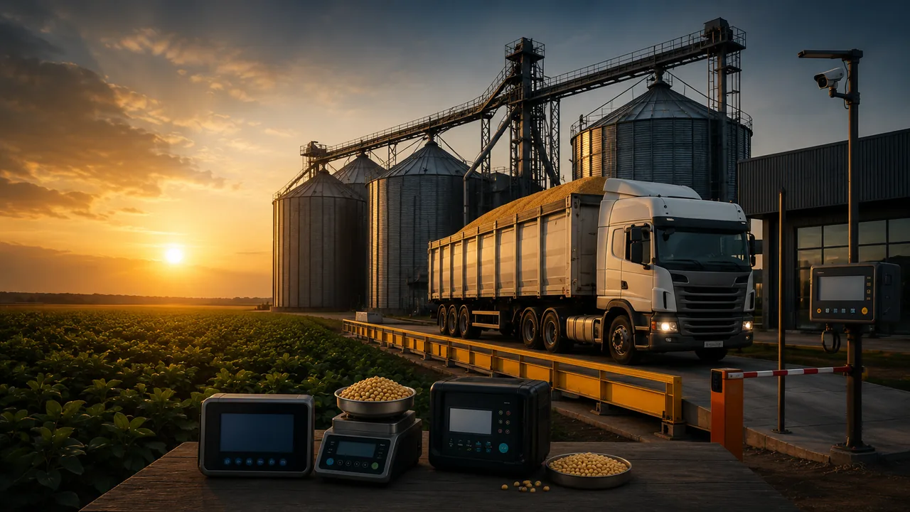 Silos, caminhão e pesagem para operação agrícola no Mato Grosso