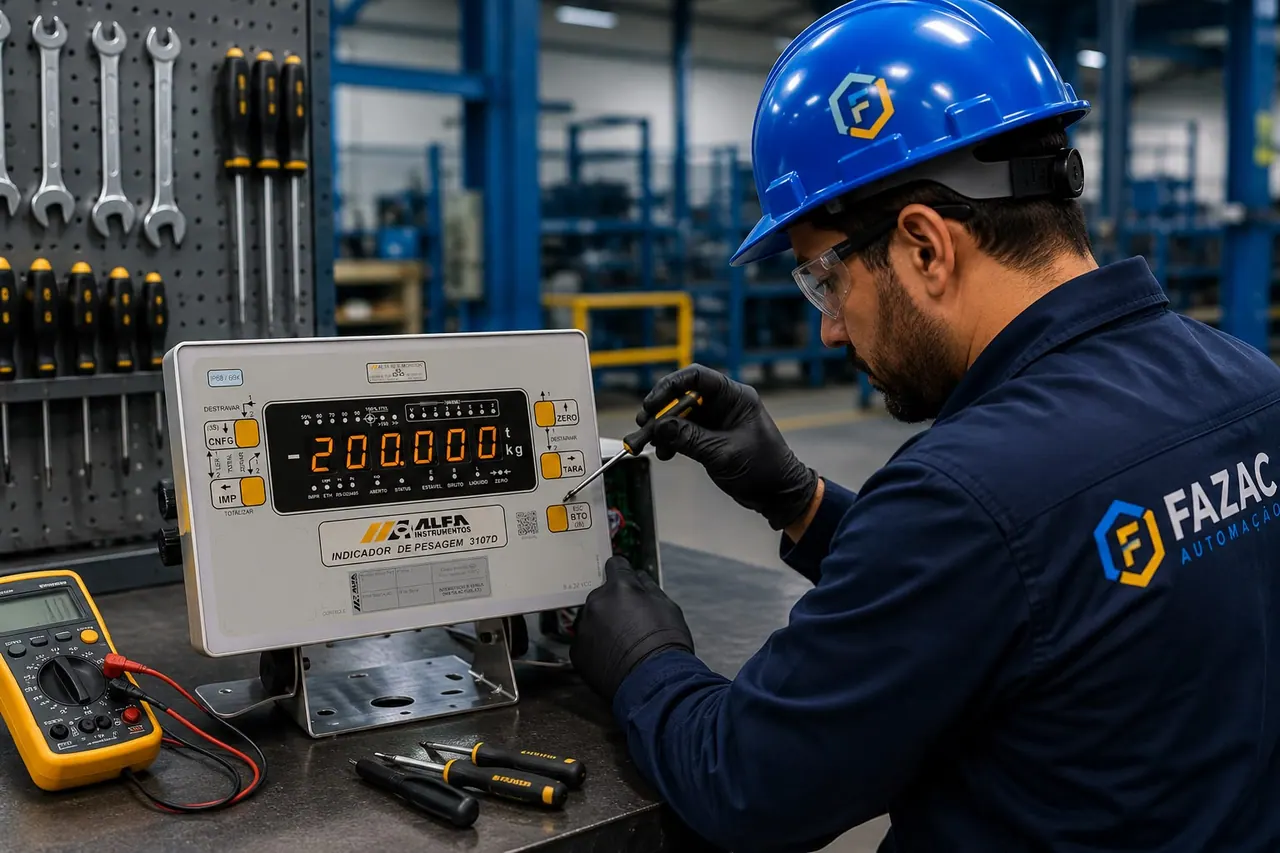 Técnico da FAZAC fazendo manutenção em indicador de pesagem na bancada da oficina