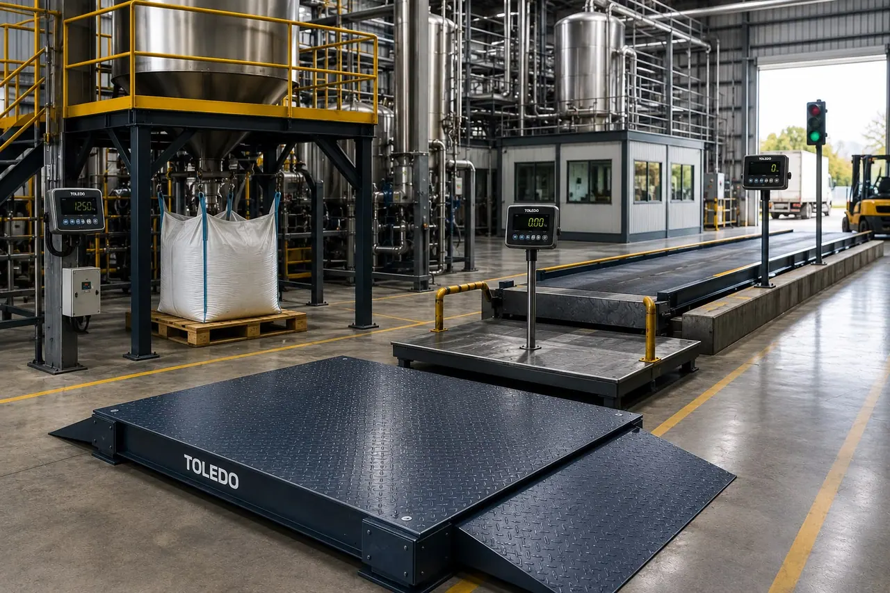 Balança de piso, balança de plataforma e balança rodoviária instaladas em planta industrial