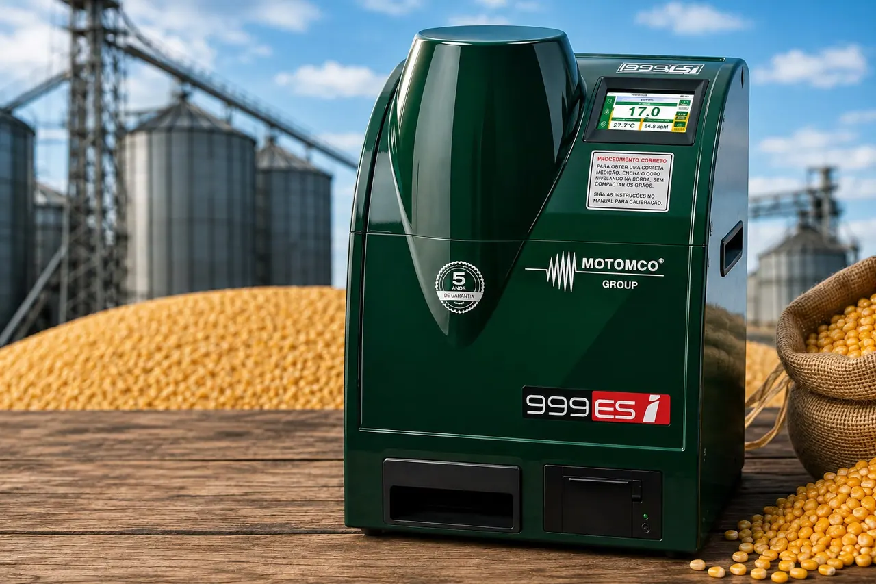 Medidor de umidade de grãos Motomco 999 ESi com silos e grãos ao fundo